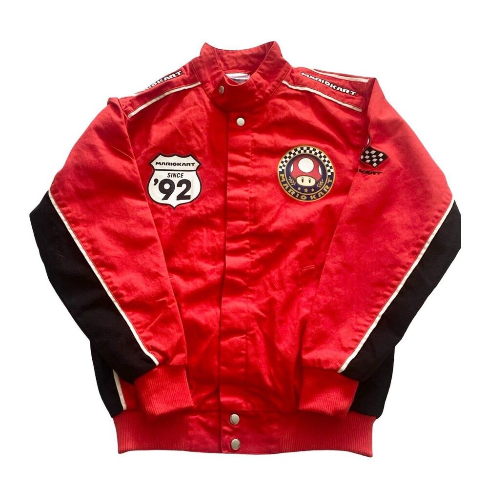 Nintendo Mario Kart Canvas Racing Jacket Red Bomber Moto Pit Crew Gamer Men's XS